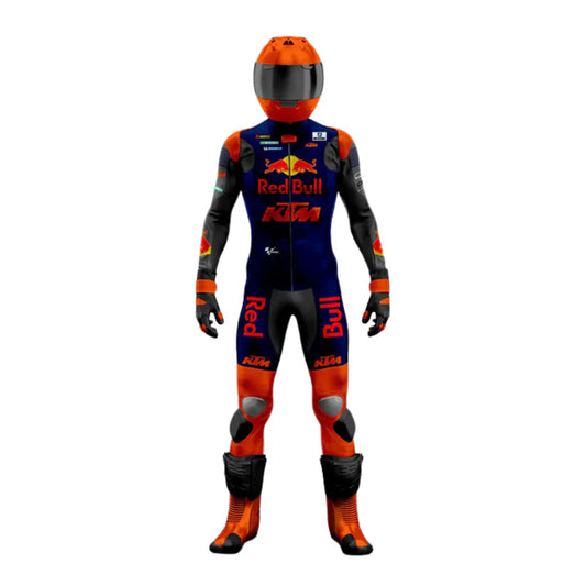 Motorcycle racing suit with Red Bull and KTM branding on a white background
