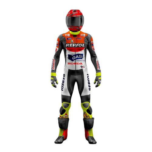 Motorcycle racing suit with Repsol and Honda branding on a white background
