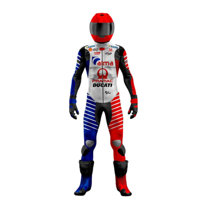 Motorcycle racing suit with helmet on a white background