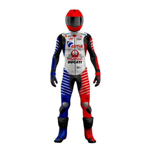 Motorcycle racing suit with helmet on a white background