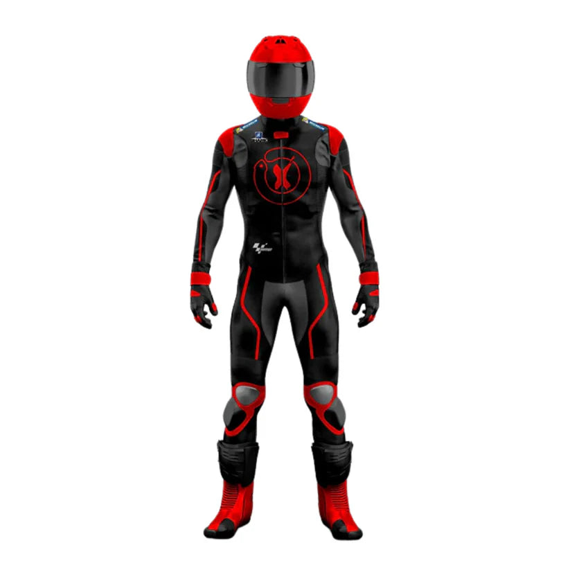 Black and red motorcycle racing suit with helmet on a white background