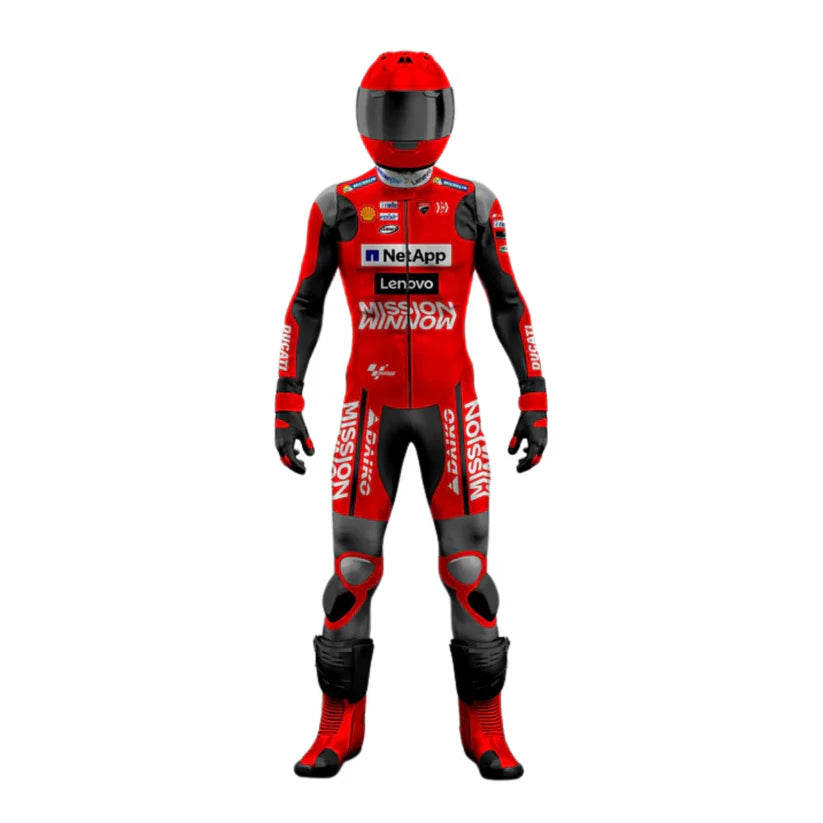Red and black motorcycle racing suit with helmet on a white background