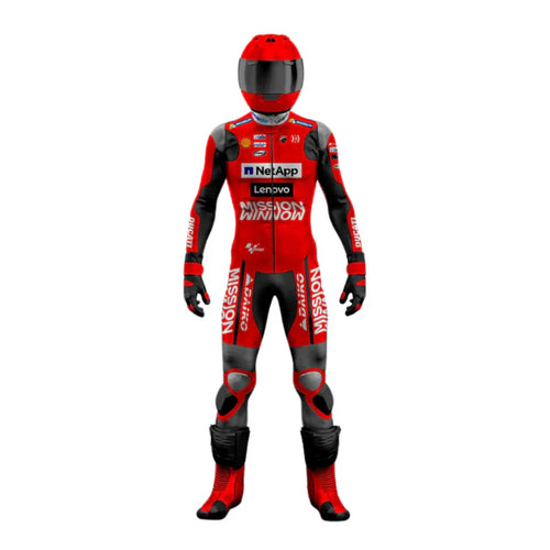 Red and black motorcycle racing suit with helmet on a white background