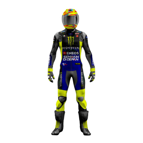 Motorcycle racing suit with helmet on a white background