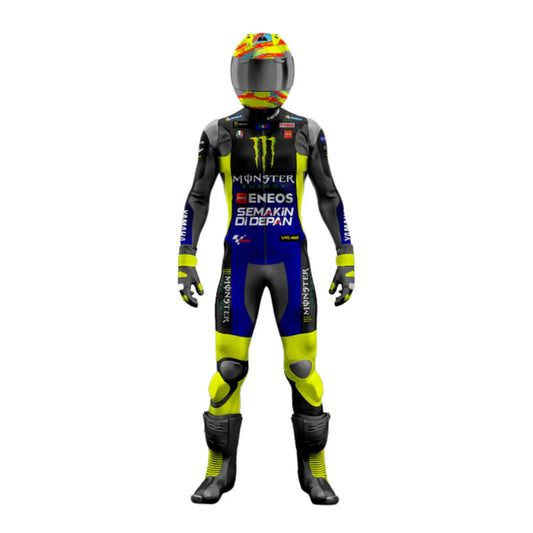 Motorcycle racing suit with helmet on a white background