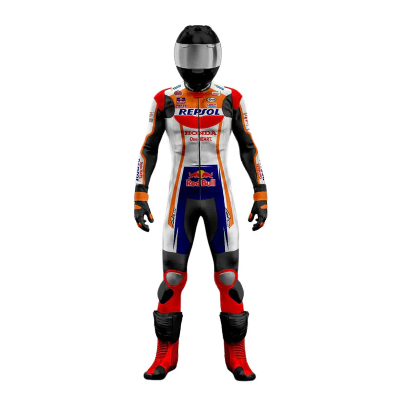 Motorcycle racing suit with helmet on a white background
