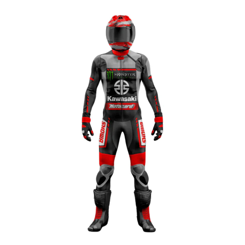 Motorcycle racing suit with helmet featuring Kawasaki and Monster Energy branding on a white background