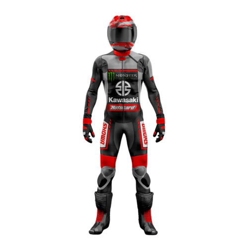 Motorcycle racing suit with helmet featuring Kawasaki and Monster Energy branding on a white background