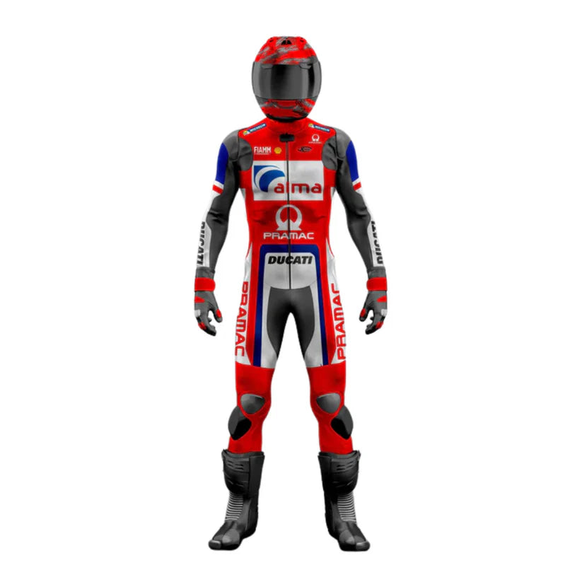 Motorcycle racing suit with helmet on a white background