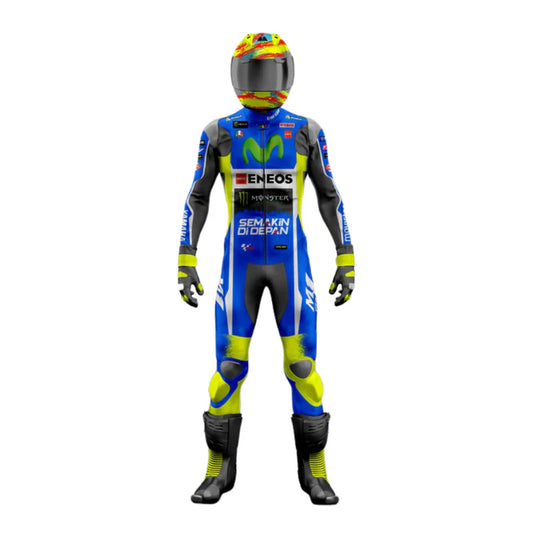 Motorcycle racing suit with helmet on a white background
