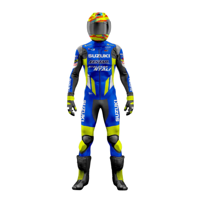Motorcycle racing suit with helmet featuring Suzuki branding on a white background
