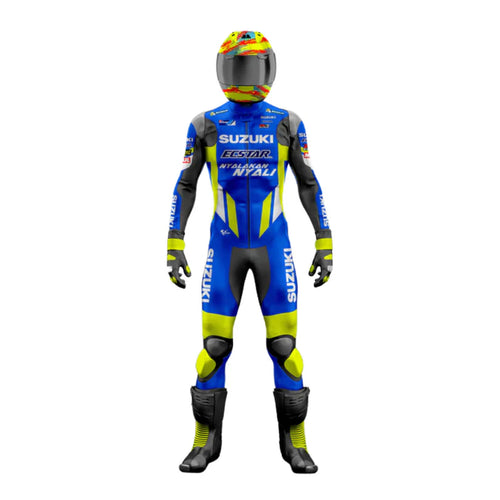 Motorcycle racing suit with helmet featuring Suzuki branding on a white background