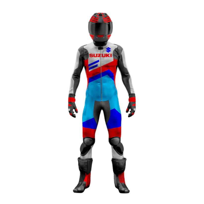 Motorcycle racing suit with helmet featuring Suzuki logo on a white background