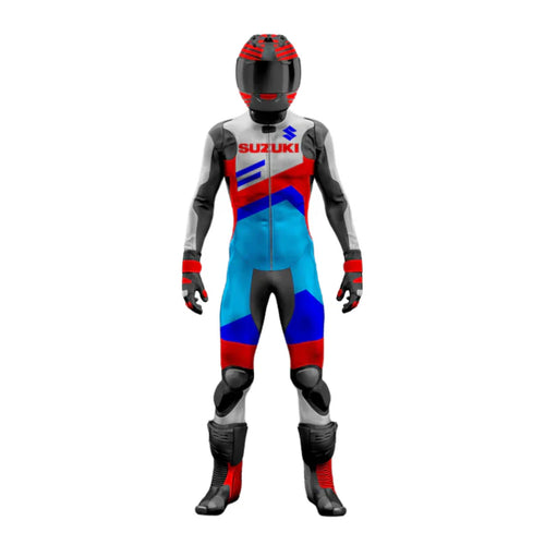 Motorcycle racing suit with helmet featuring Suzuki logo on a white background