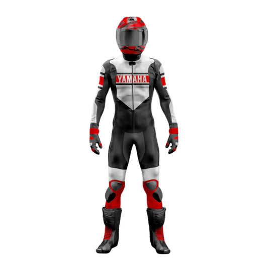 Motorcycle racing suit with red and black design on a white background