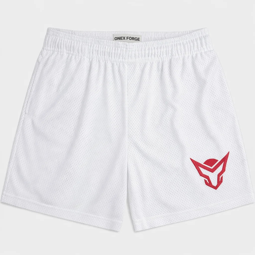 White shorts with a red logo ONEX FORGE on a white background
