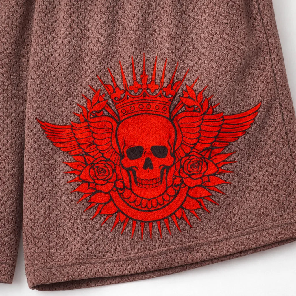 Crimson Skull Taupe Mesh Shorts