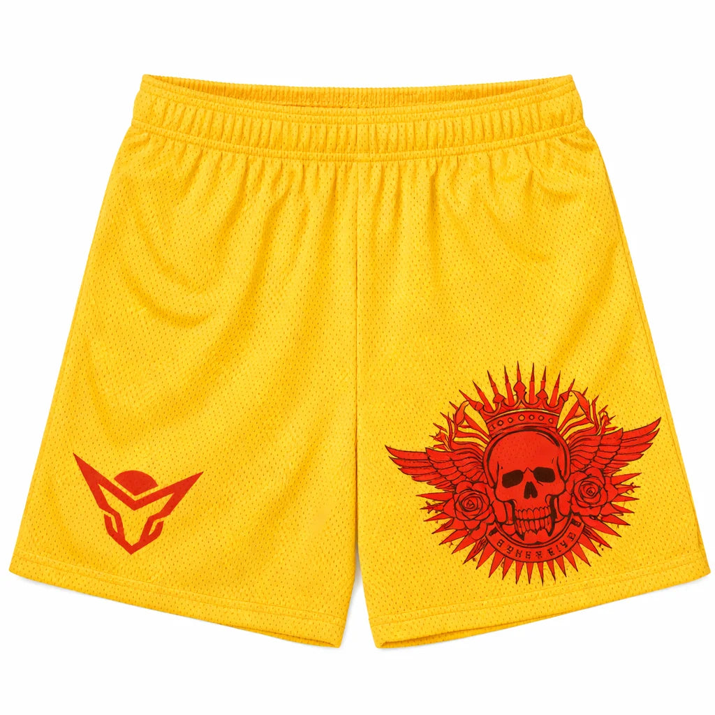 Crimson Skull Yellow Mesh Shorts