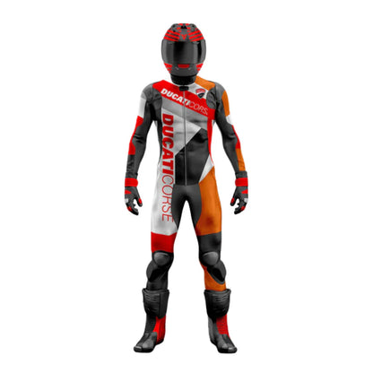 Motorcycle racing suit with helmet on a white background
