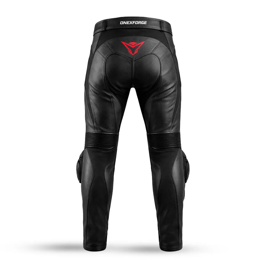 Black leather motorcycle pants with visible branding on a white background