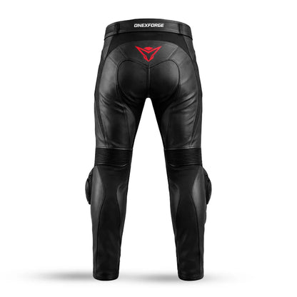 Black leather motorcycle pants with visible branding on a white background