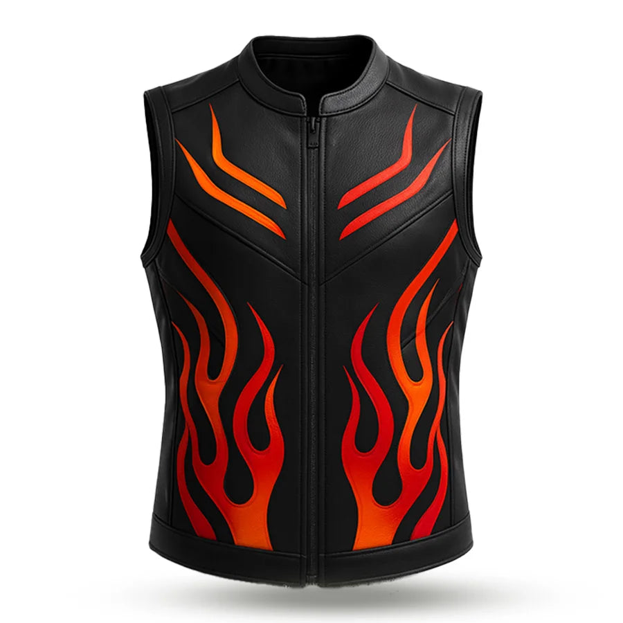 Black leather vest with red flame patterns on a white background