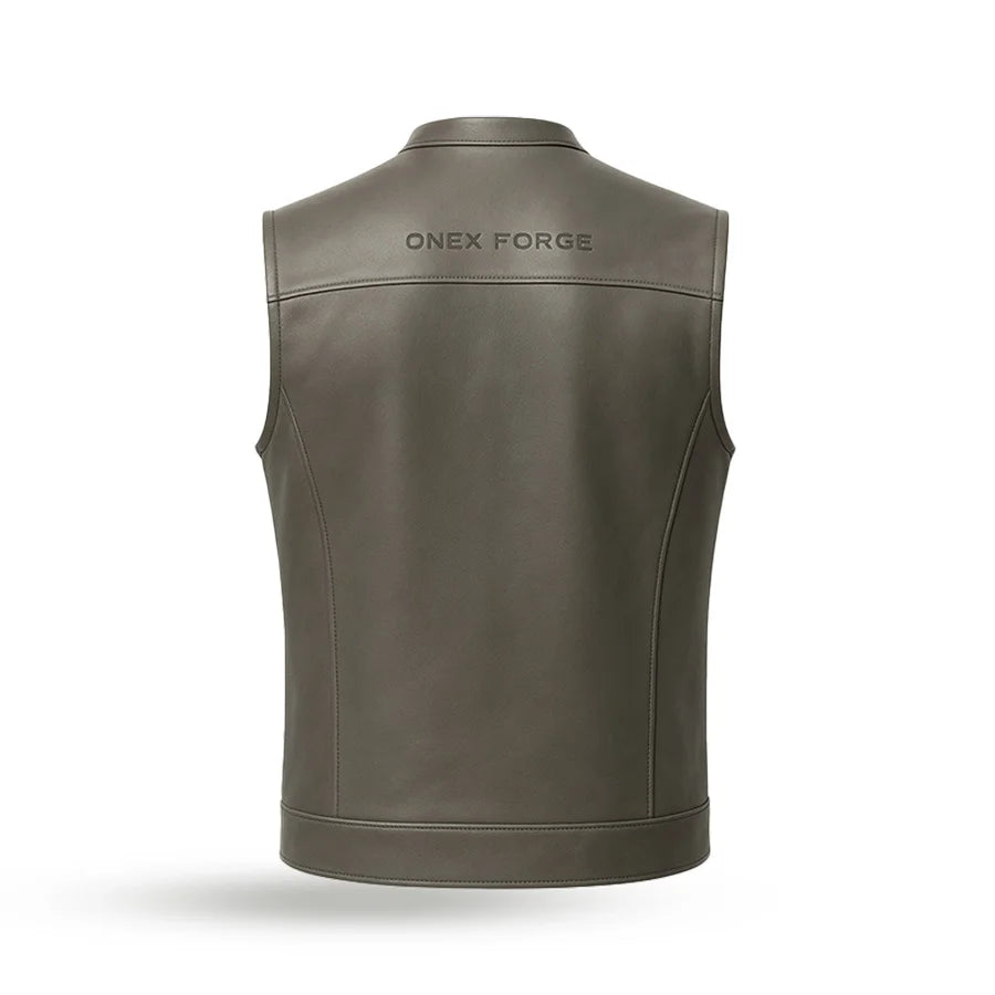 Grey leather vest with 'Onex Forge' branding on a white background