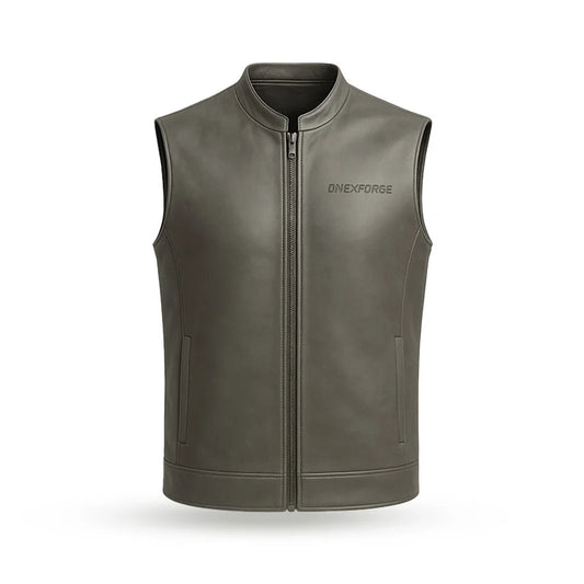 Grey leather vest with 'Onexforge' branding on a white background