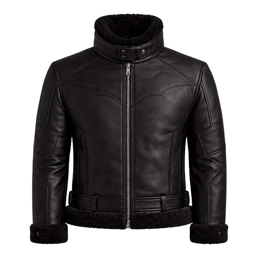 Black leather jacket with fur trim on a white background