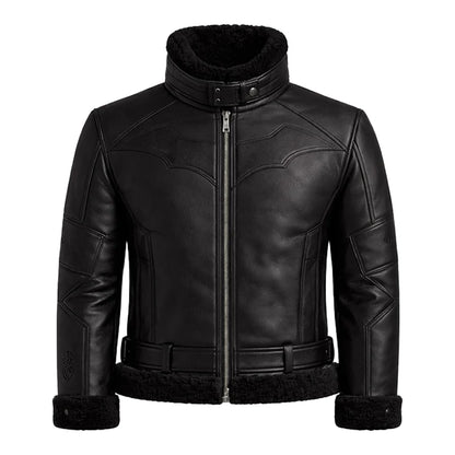 Black leather jacket with fur trim on a white background