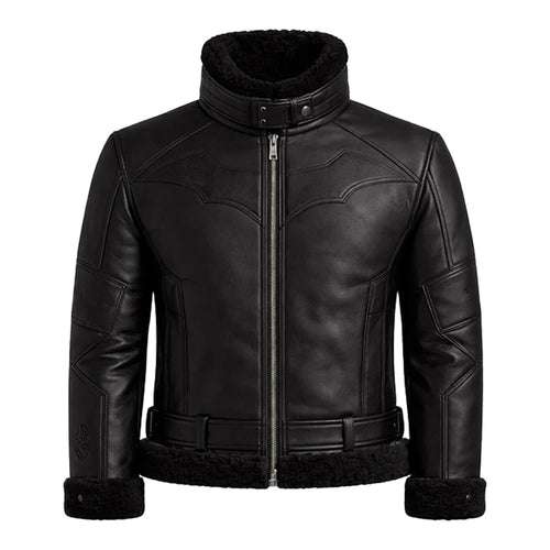 Black leather jacket with fur trim on a white background