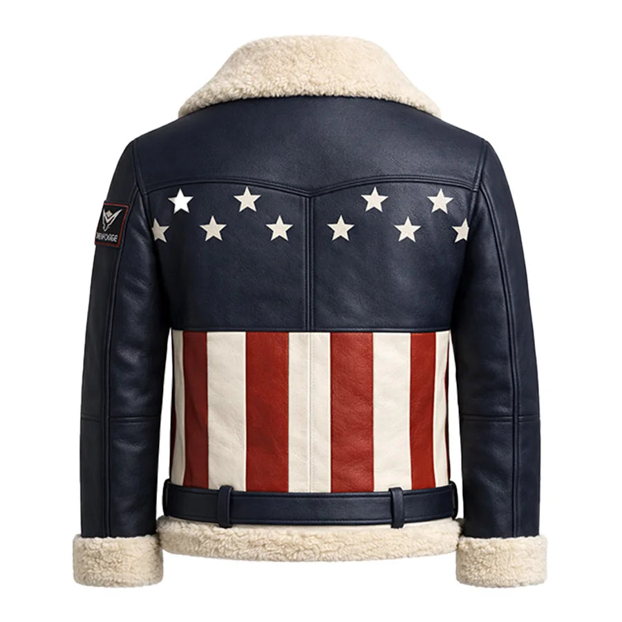 Leather jacket with American flag design and star patterns on a white background
