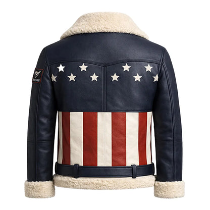 Leather jacket with American flag design and star patterns on a white background