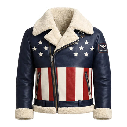 Leather jacket with American flag design and shearling collar on a white background