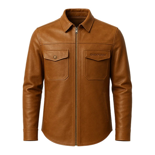 Brown leather jacket with a brand logo on a white background