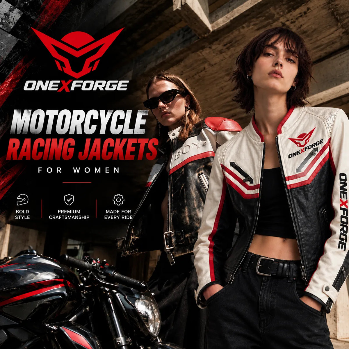 Two women wearing Onex Forge Motorcycle Racing Jackets pose with a motorcycle in a rustic indoor setting. The jackets are white with red and black racing-style stripes and logos.
