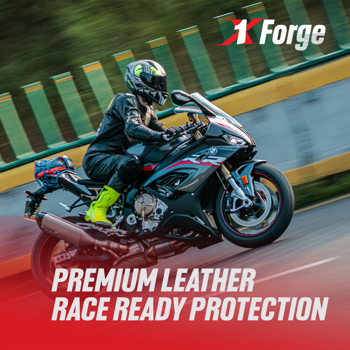 A Men riding motorbike with wearing motorcycle protective leather suit. 