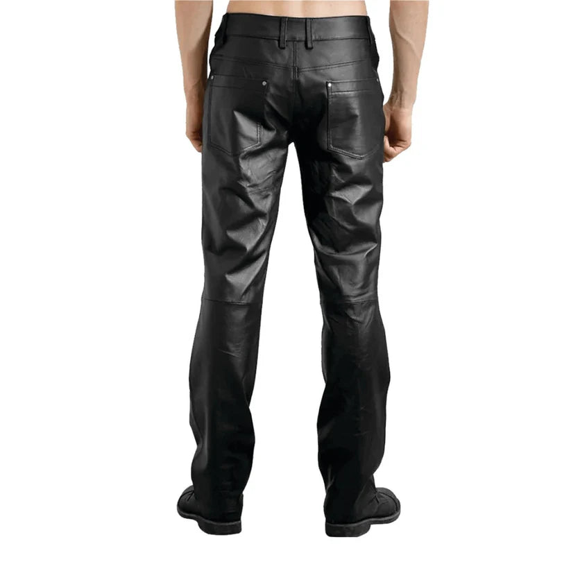 Black leather pants worn by a person on a white background
