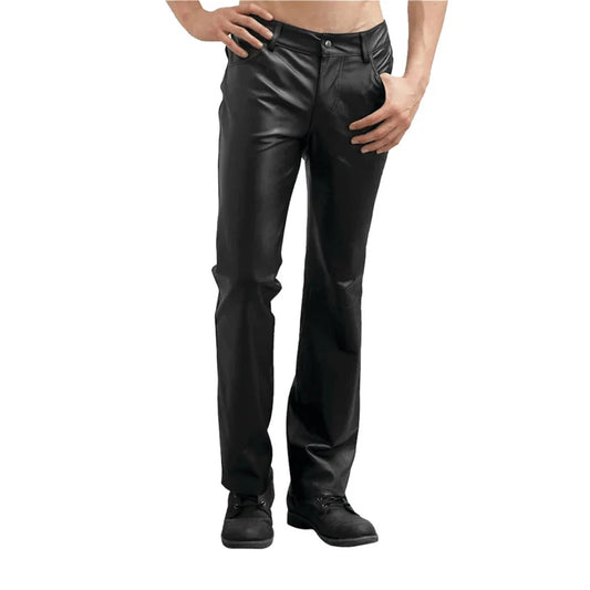 Person wearing black leather pants on a white background